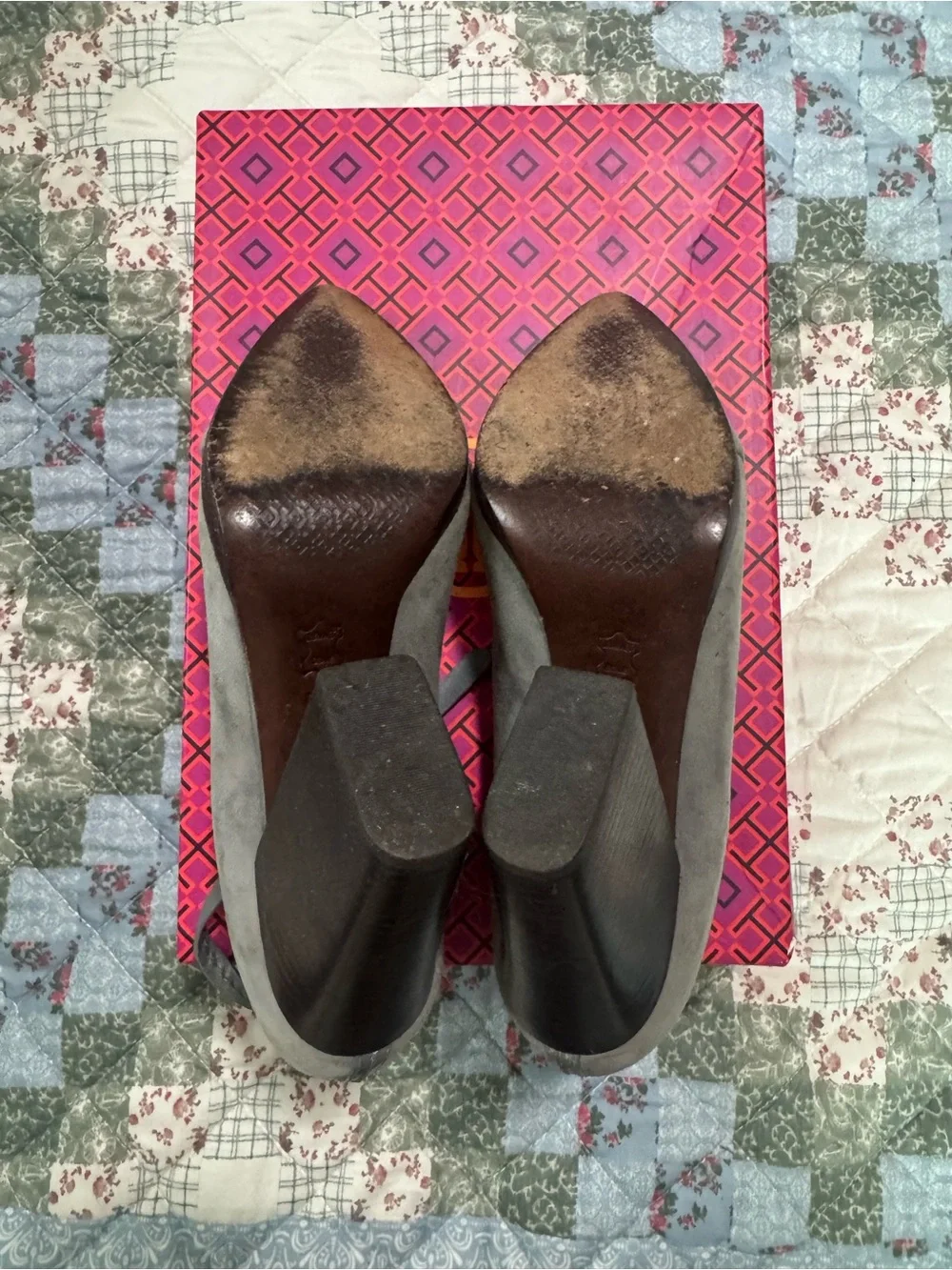 Tory Burch Gray Suede Pointed-Toe Ankle-Strap Pumps